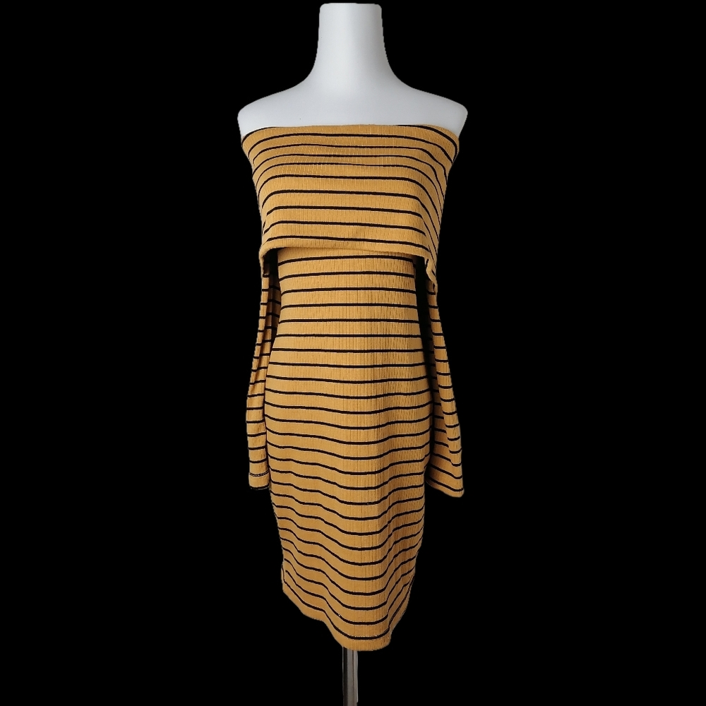 🐝🐝striped loose off-shoulder long-sleeved ribbed dress